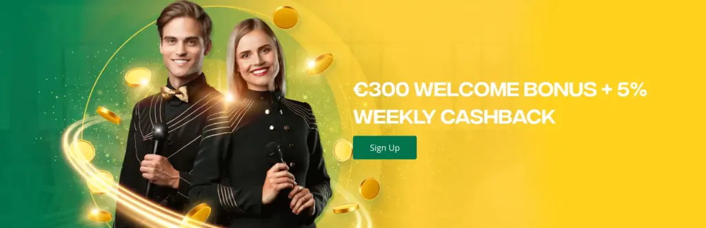QBet Casino promotiebanner met twee presentatoren, gouden munten en tekst over €300 welkomstbonus en 5% wekelijkse cashback