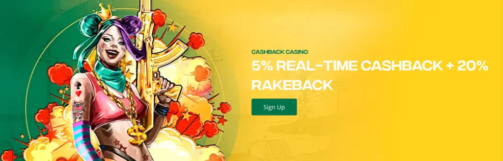 QBet Casino cashbackbanner met kleurrijke stripfiguur, explosies en promotietekst over 5% realtime cashback en 20% rakeback