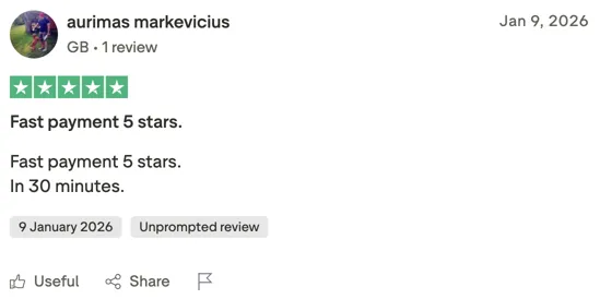 Vijfsterren review van Aurimas Markevicius uit het VK over snelle uitbetaling binnen 30 minuten.