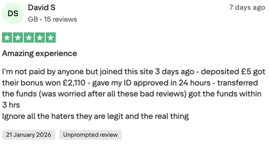 Vijfsterren review van David S uit het VK over een positieve ervaring, snelle verificatie en uitbetaling binnen enkele uren.